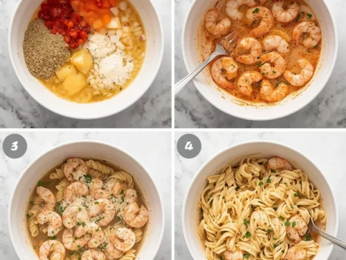 A close-up of a bowl of Garlic Shrimp and Tomato Cream Pasta garnished with fresh basil