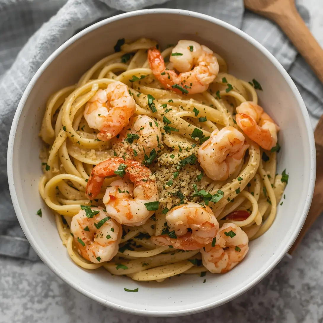 A close-up of a bowl of Garlic Shrimp and Tomato Cream Pasta garnished with fresh basil