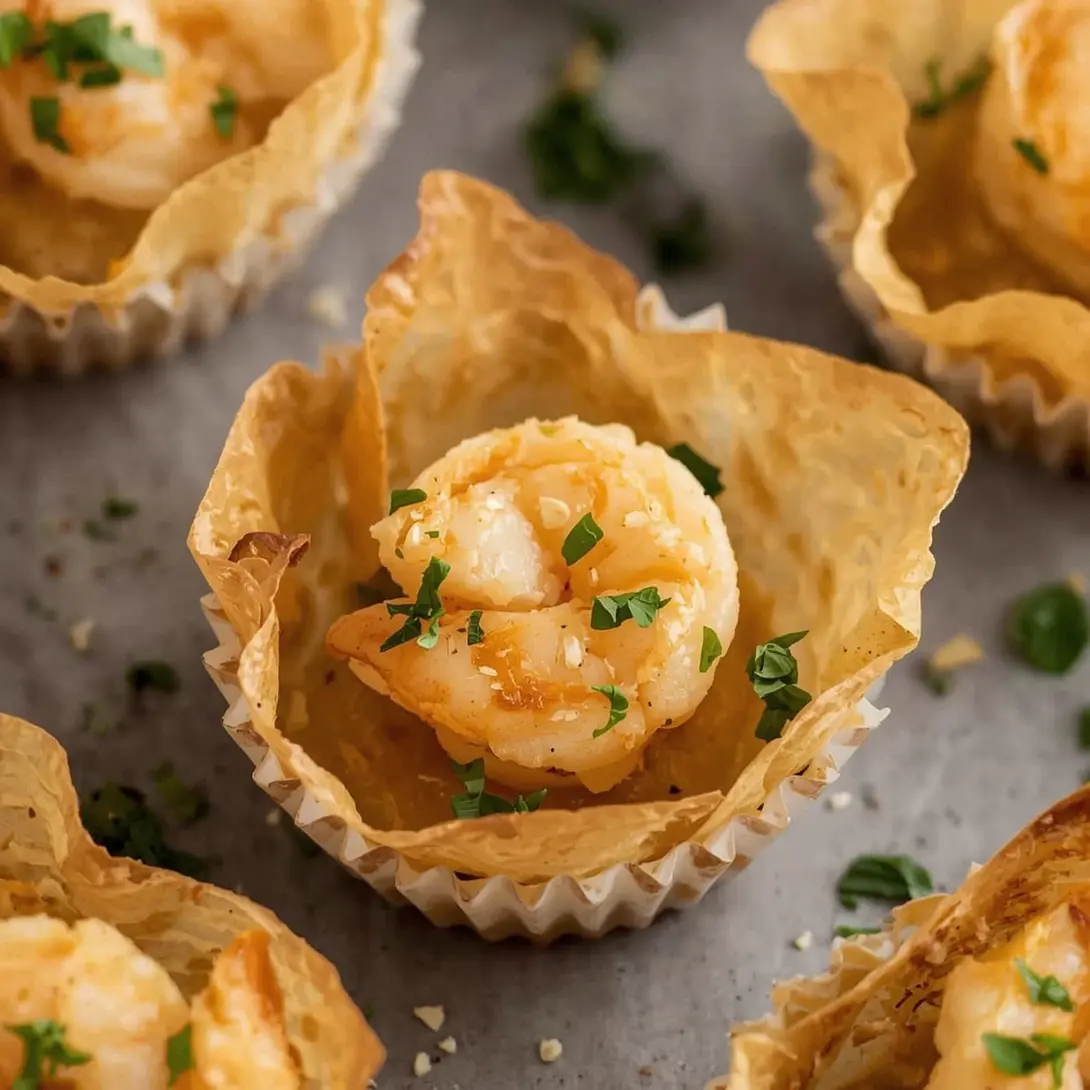 A serving of golden shrimp and herb phyllo cups, light and crispy.