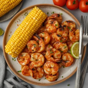 Delicious grilled Cajun shrimp served alongside fresh corn on the cob.
