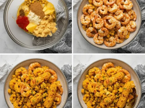 Delicious grilled Cajun shrimp served alongside fresh corn on the cob.