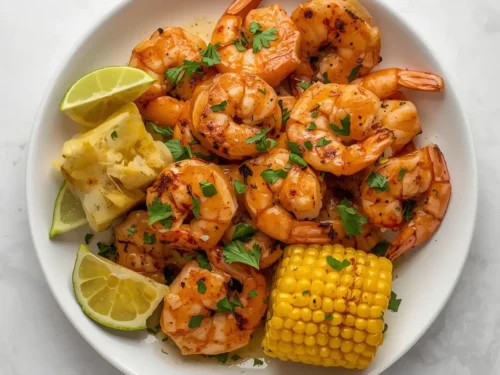 Delicious grilled Cajun shrimp served alongside fresh corn on the cob.