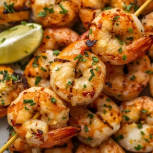 Close-up of grilled garlic lime shrimp skewers, perfectly cooked and golden brown.