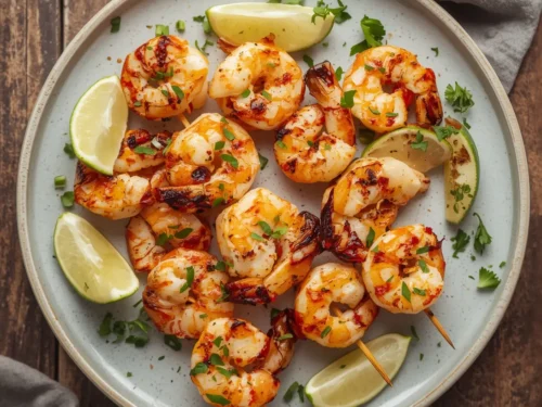 Close-up of grilled garlic lime shrimp skewers, perfectly cooked and golden brown.