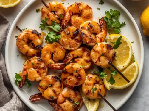 Close-up of grilled garlic lime shrimp skewers, perfectly cooked and golden brown.