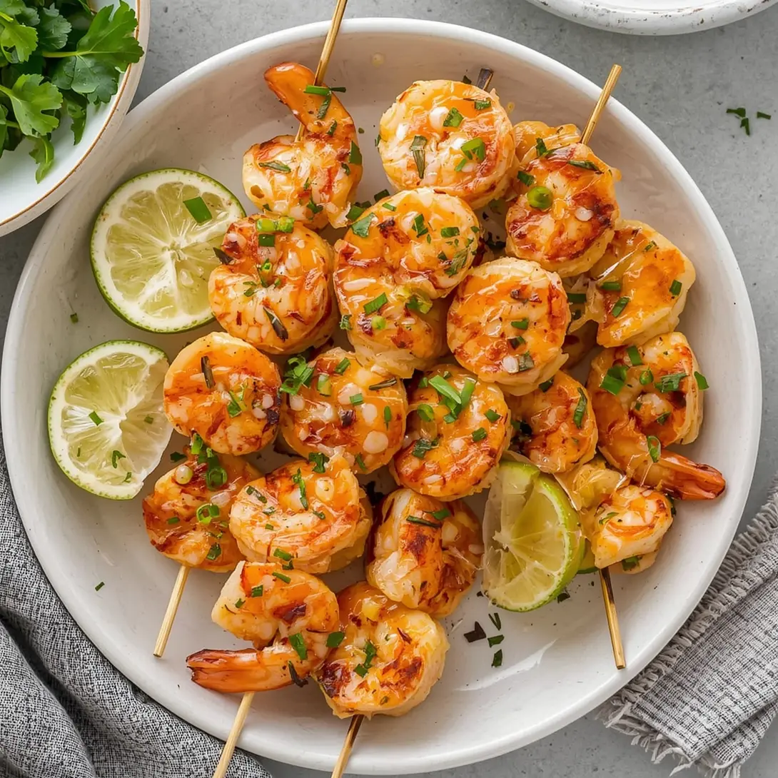Close-up of grilled garlic lime shrimp skewers, perfectly cooked and golden brown.