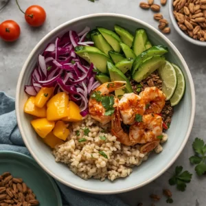 A vibrant grilled shrimp and brown rice buddha bowl filled with fresh vegetables