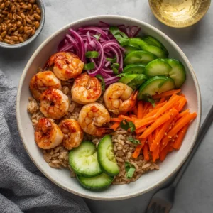 A colorful buddha bowl with grilled shrimp, brown rice, and fresh vegetables.