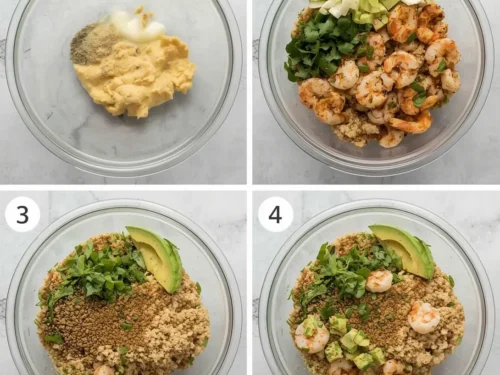 A colorful buddha bowl with grilled shrimp, brown rice, and fresh vegetables.