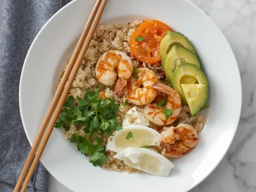A colorful buddha bowl with grilled shrimp, brown rice, and fresh vegetables.