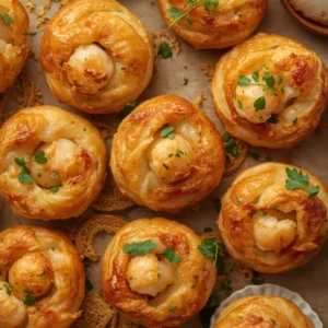 Close-up of golden brown holiday shrimp puff pastry bites on a serving platter
