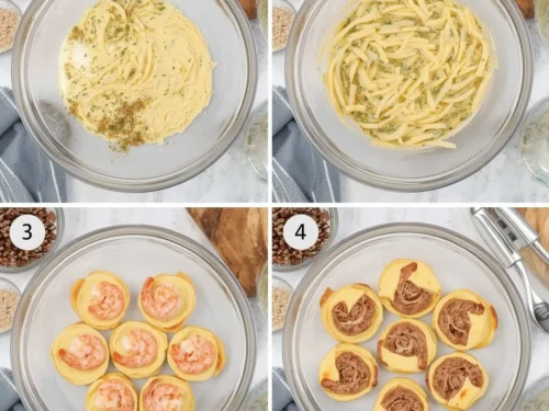 Close-up of golden brown holiday shrimp puff pastry bites on a serving platter