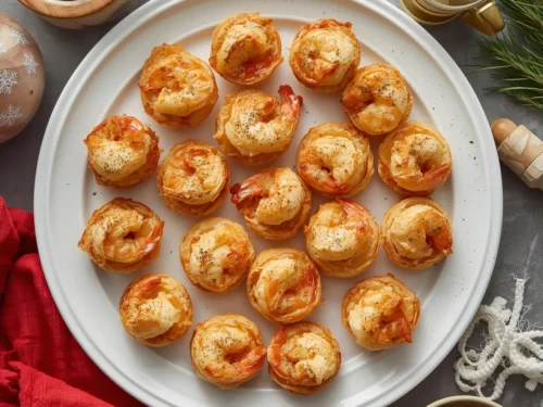 Close-up of golden brown holiday shrimp puff pastry bites on a serving platter