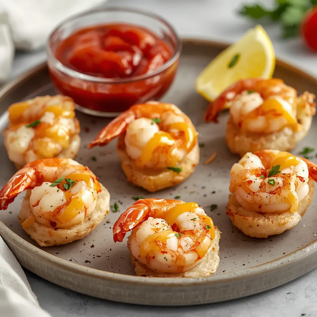 Close-up of golden brown holiday shrimp puff pastry bites on a serving platter