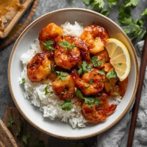 A vibrant dish of honey chili grilled shrimp served with fluffy white rice.