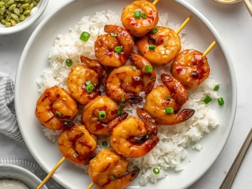 A vibrant dish of honey chili grilled shrimp served with fluffy white rice.