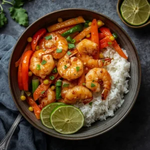 A vibrant bowl of honey garlic shrimp with fresh vegetables and rice.