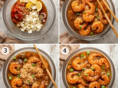 A vibrant bowl of honey garlic shrimp with fresh vegetables and rice.