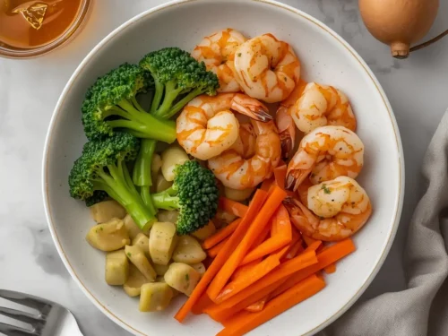 A vibrant bowl of honey garlic shrimp with fresh vegetables and rice.