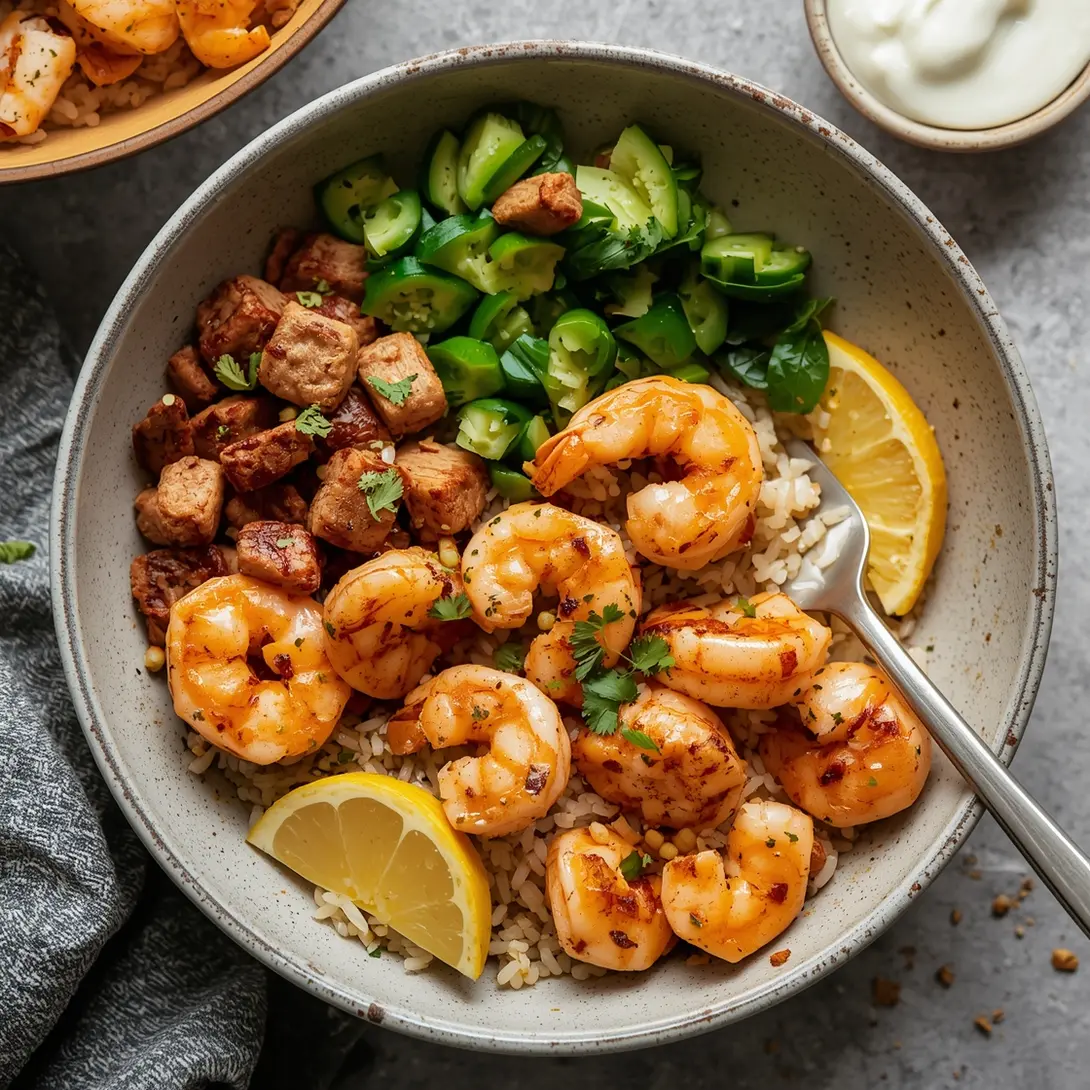 A visually appealing honey garlic shrimp rice bowl with fresh ingredients.
