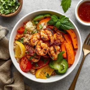 An irresistible grilled shrimp grain bowl with colorful vegetables and sauce