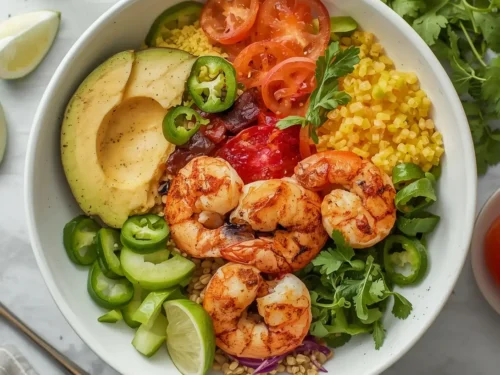 An irresistible grilled shrimp grain bowl with colorful vegetables and sauce