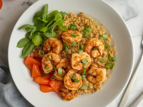 An irresistible grilled shrimp grain bowl with colorful vegetables and sauce