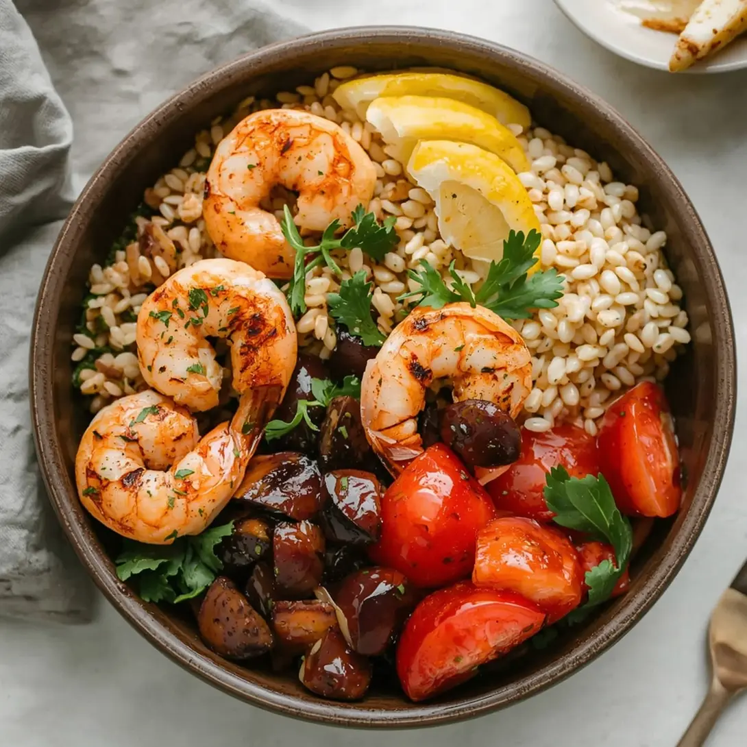 An irresistible grilled shrimp grain bowl with colorful vegetables and sauce
