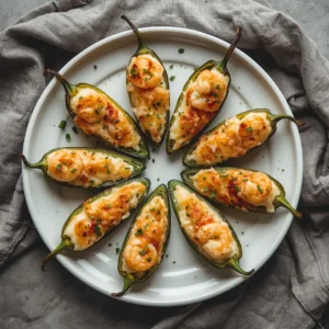 Plate of baked jalapeño shrimp poppers served as an appetizer.