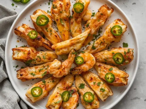 Plate of baked jalapeño shrimp poppers served as an appetizer.