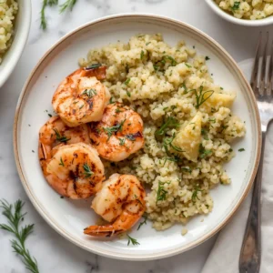 Lemon dill grilled shrimp served alongside fluffy quinoa on a plate.