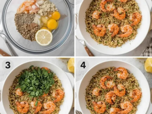 Lemon dill grilled shrimp served alongside fluffy quinoa on a plate.