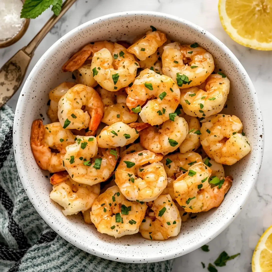 Close-up of lemon garlic butter shrimp with asparagus on a white plate.