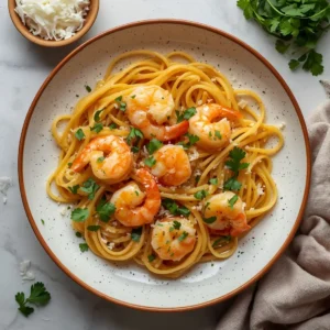 A vibrant plate of Lemon Shrimp Angel Hair Pasta with fresh parsley.