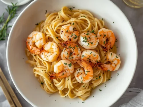 A vibrant plate of Lemon Shrimp Angel Hair Pasta with fresh parsley.