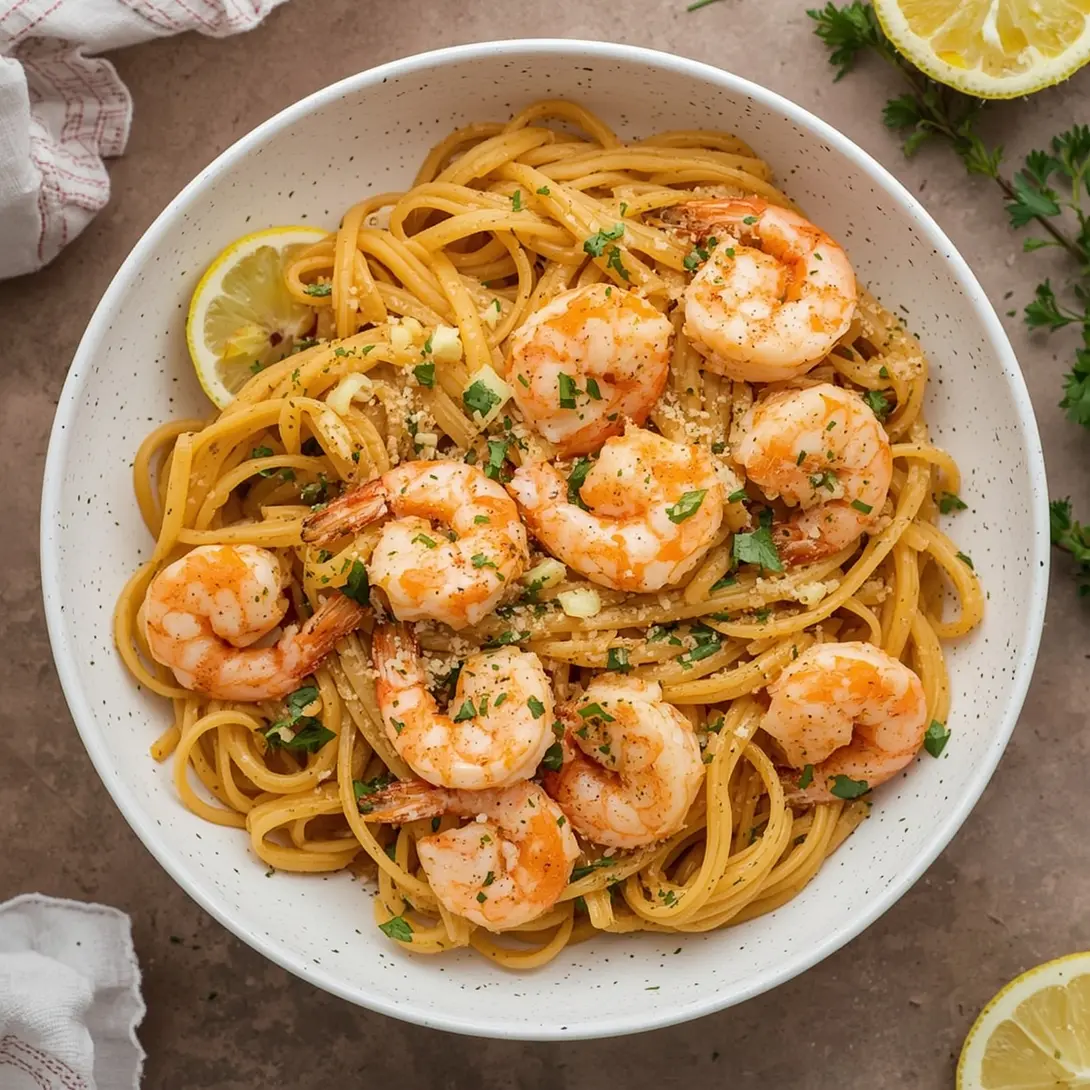 A vibrant plate of Lemon Shrimp Angel Hair Pasta with fresh parsley.