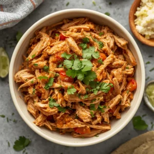 A close-up of a bowl filled with shredded low-carb salsa verde chicken, garnished with fresh cilantro