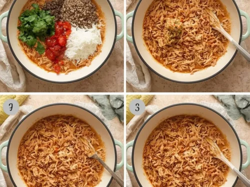 A close-up of a bowl filled with shredded low-carb salsa verde chicken, garnished with fresh cilantro