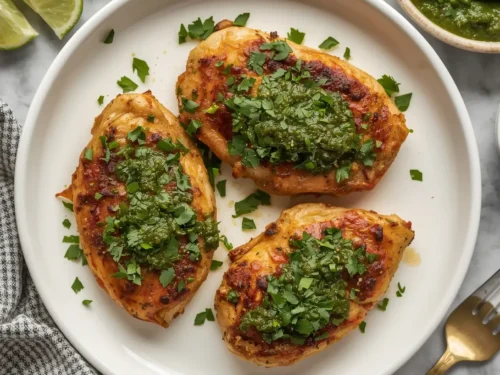 A close-up of a bowl filled with shredded low-carb salsa verde chicken, garnished with fresh cilantro