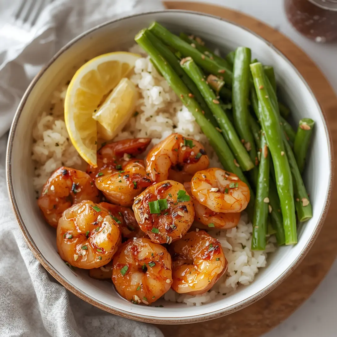 Maple glazed shrimp beautifully arranged with roasted carrots on a plate.