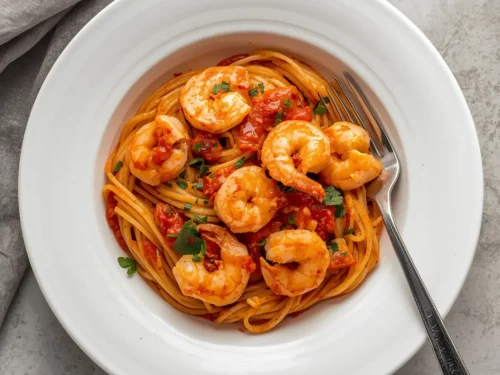 A serving of marry me shrimp pasta on a white plate, garnished with fresh herbs.