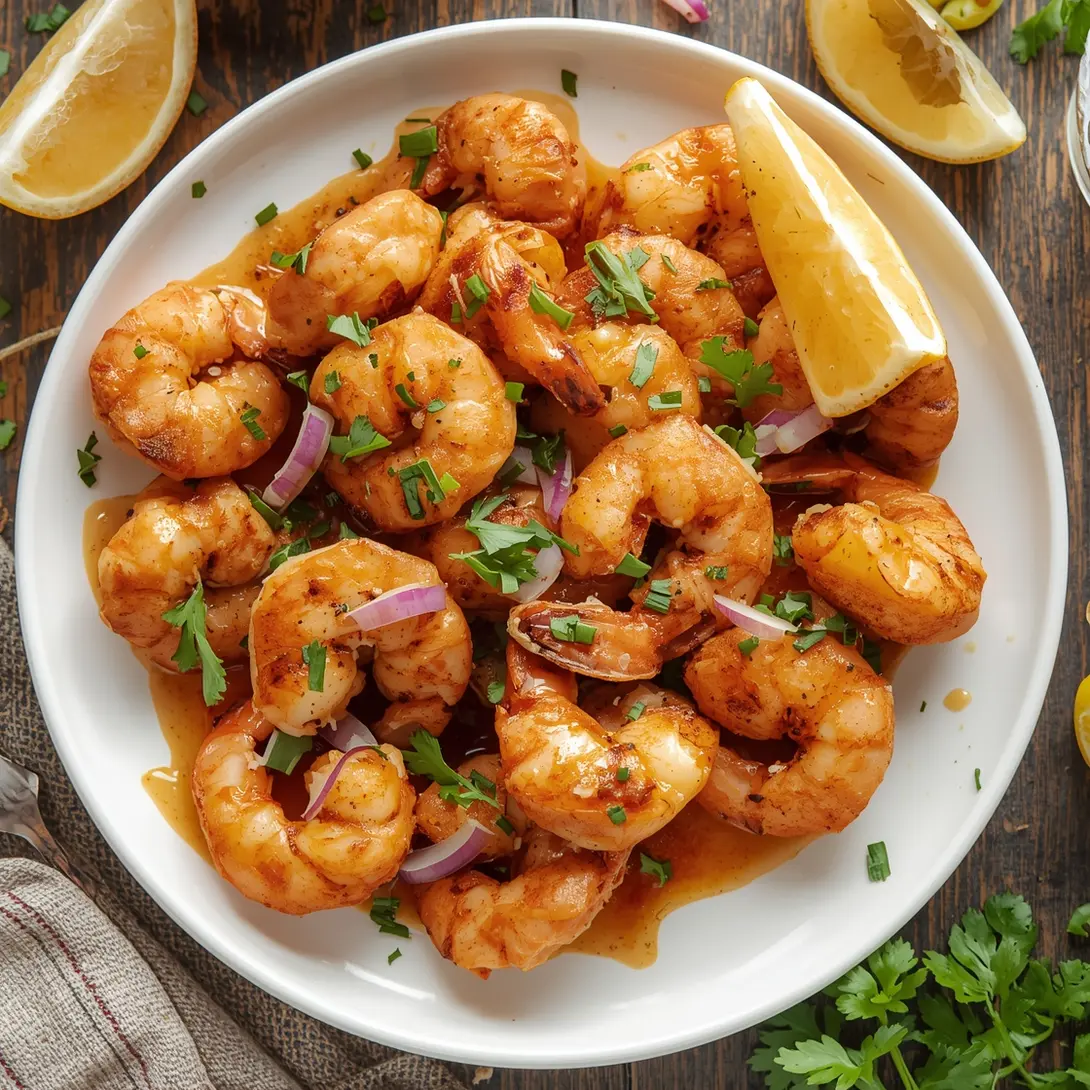 A serving of marry me shrimp pasta on a white plate, garnished with fresh herbs.