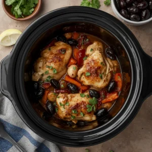 A delicious Mediterranean Crockpot Chicken dish with olives and herbs.