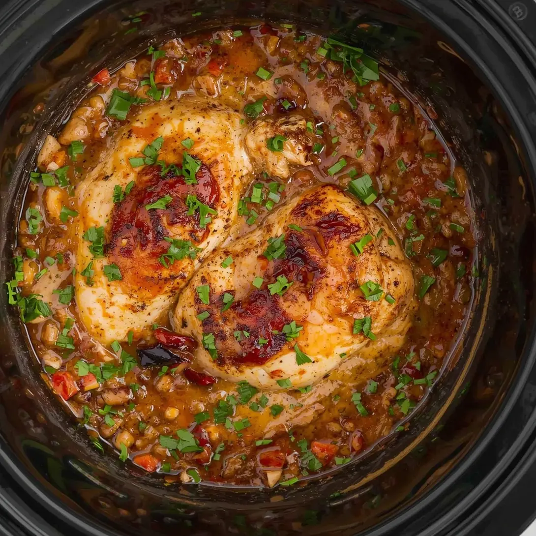 A delicious Mediterranean Crockpot Chicken dish with olives and herbs.