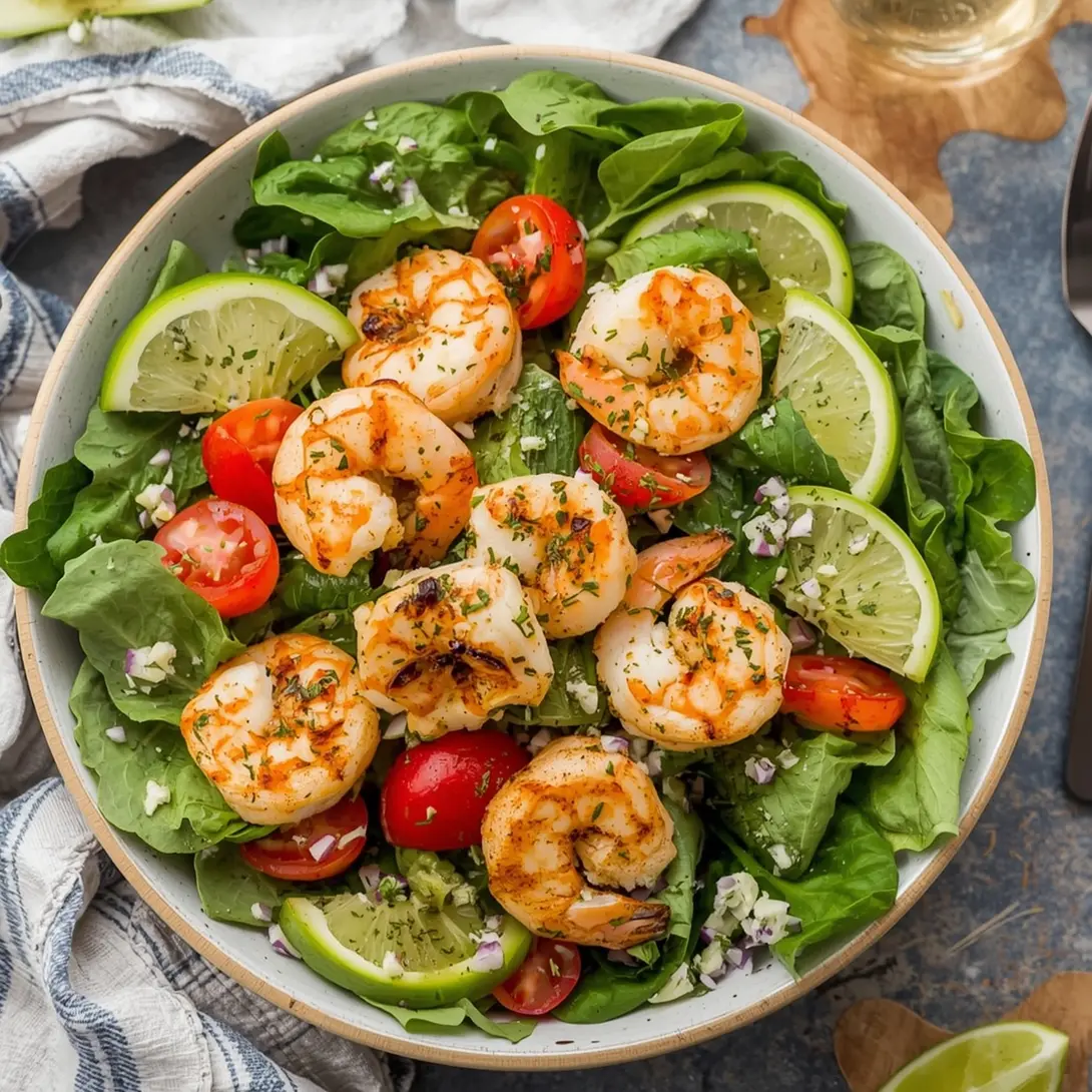 A vibrant Mediterranean grilled shrimp salad with fresh vegetables and herbs