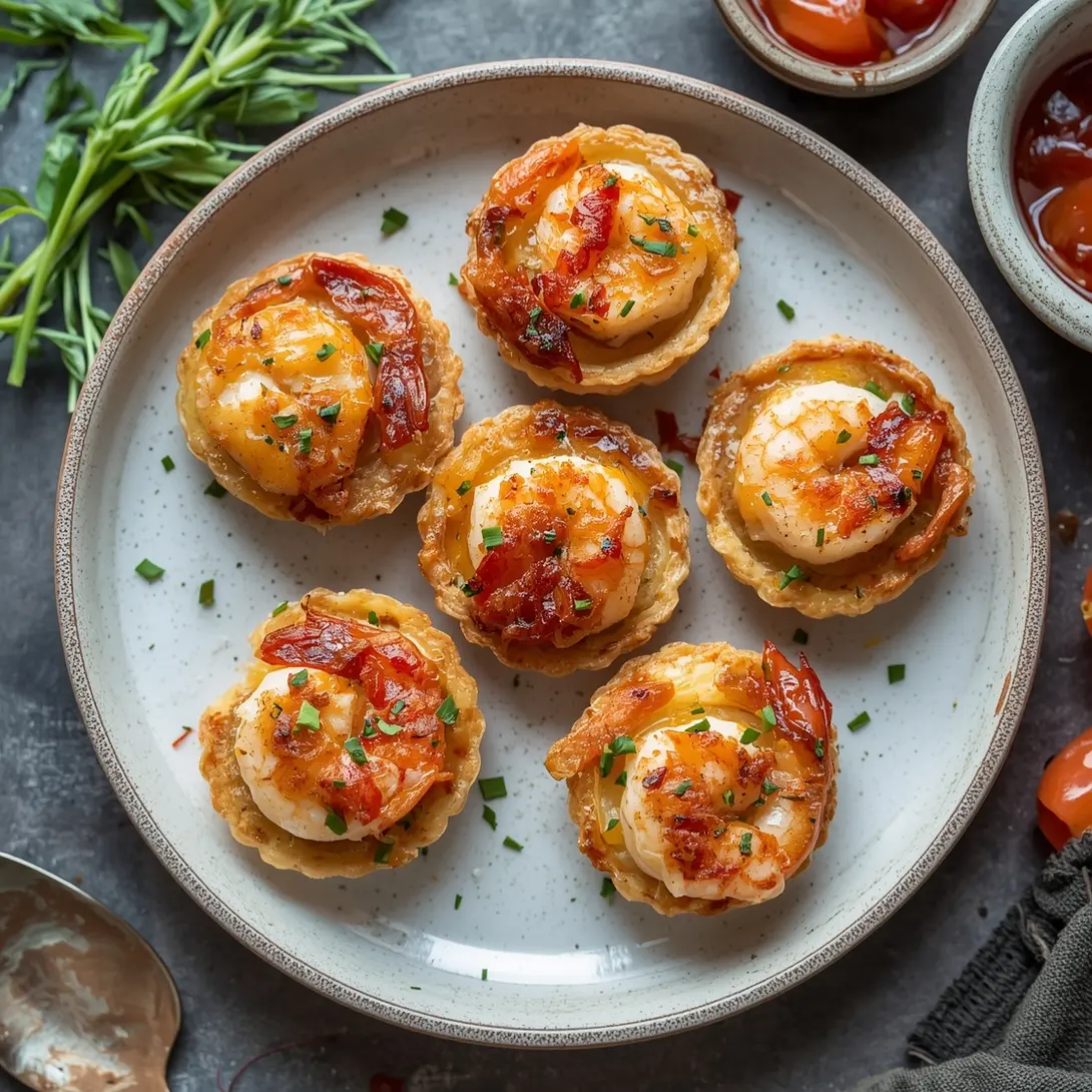 A close-up of savory mini shrimp and cheese tartlets arranged on a serving plate.
