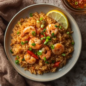 A steaming plate of colorful One-Pot Shrimp Fried Rice garnished with fresh green onions