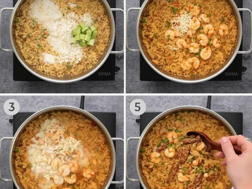 A steaming plate of colorful One-Pot Shrimp Fried Rice garnished with fresh green onions