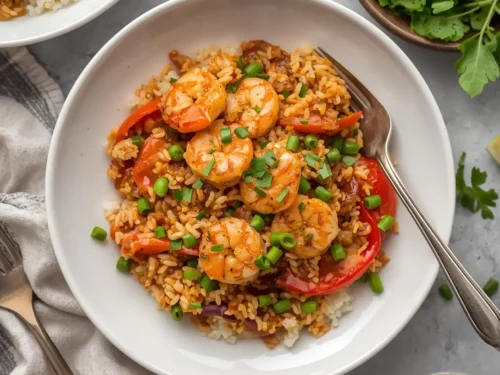 A steaming plate of colorful One-Pot Shrimp Fried Rice garnished with fresh green onions