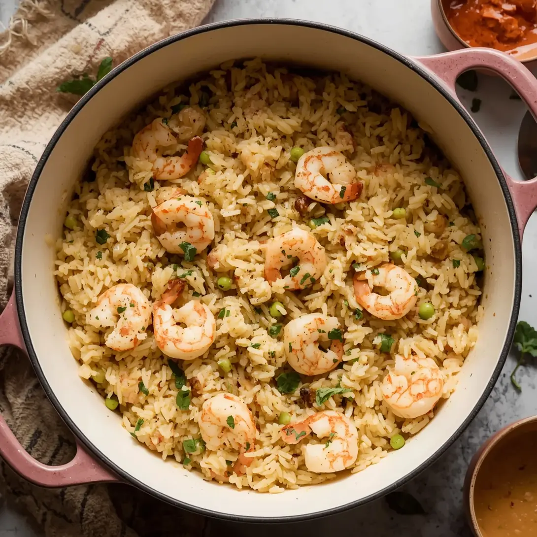 A steaming plate of colorful One-Pot Shrimp Fried Rice garnished with fresh green onions